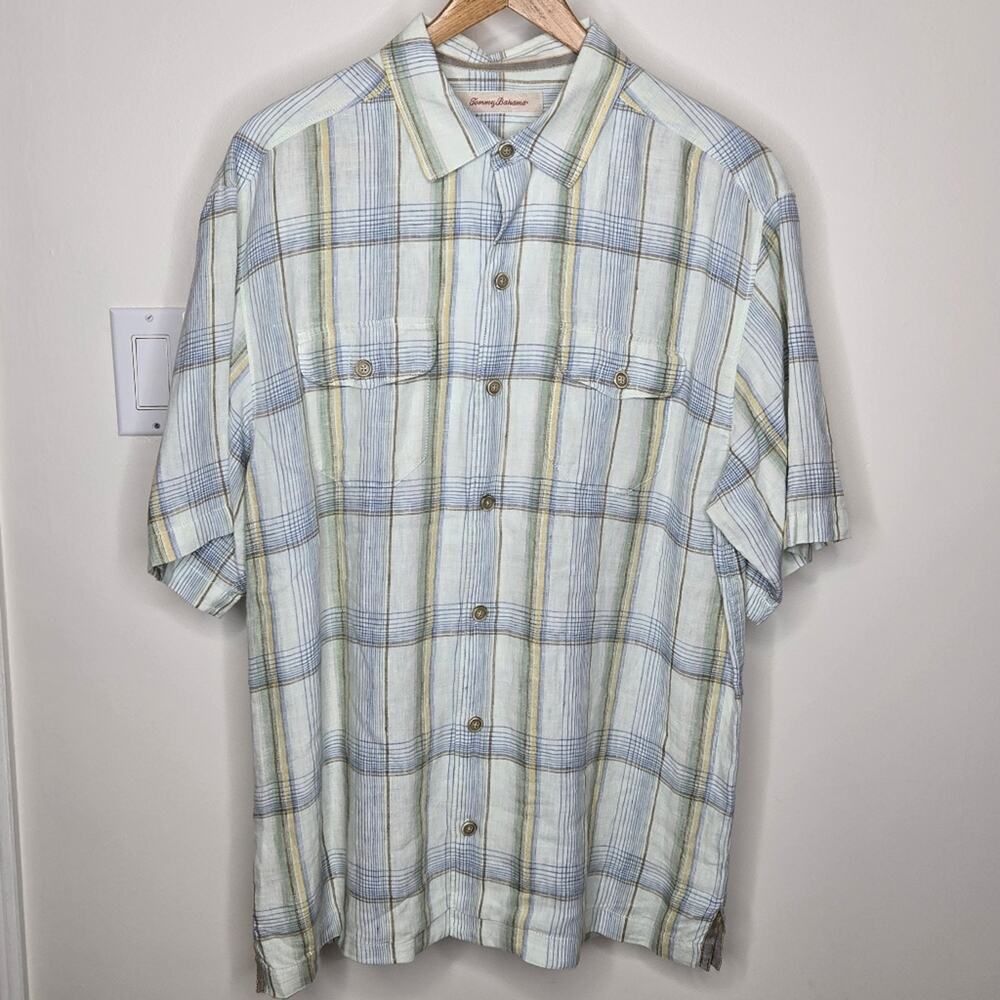 TOMMY BAHAMA Men's Blue/Green Plaid Short Sleeve Button Front Shirt Size M